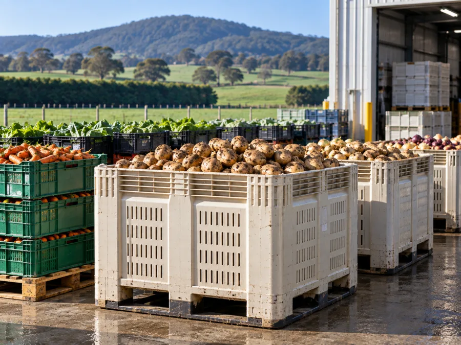 Bulk bins of harvested potatoes and produce crates at a Tasmanian packing shed