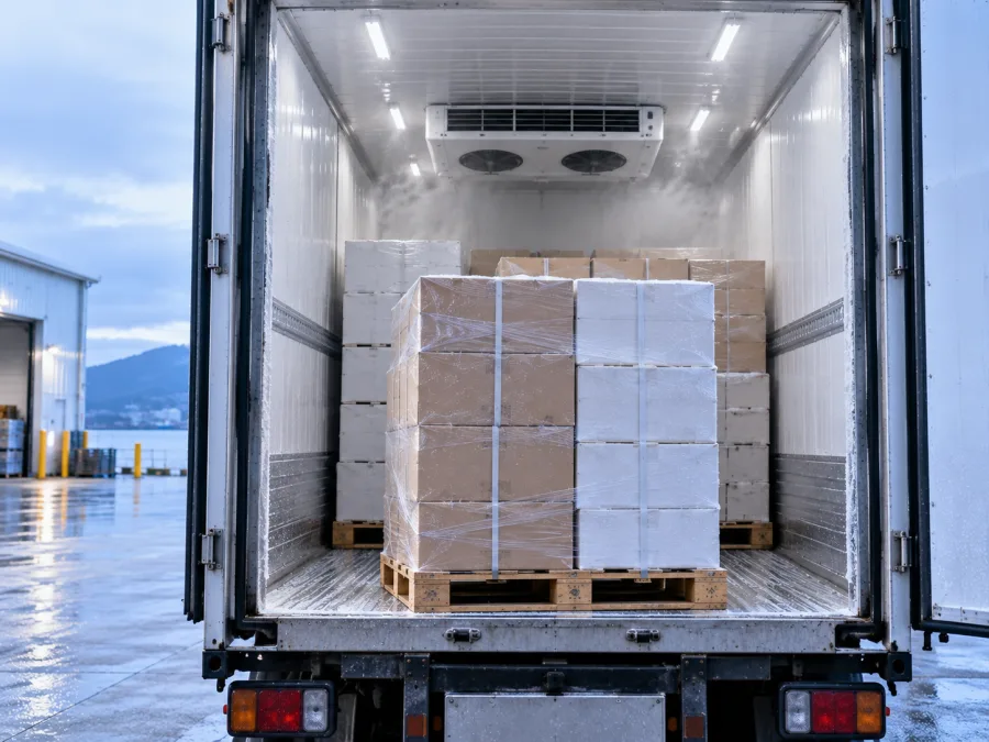 Palletised dairy product inside a refrigerated trailer for the mainland run
