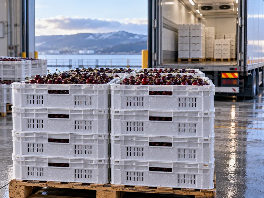 Crates of cherries palletised on a chilled dock for the mainland crossing