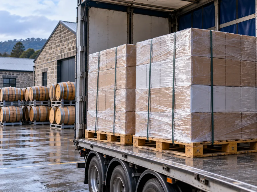 Palletised cased beverage and oak barrels at a Tasmanian producer