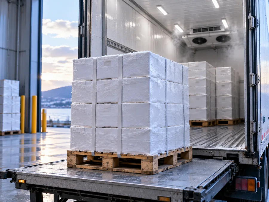 Frosted cartons palletised inside a refrigerated trailer for the mainland