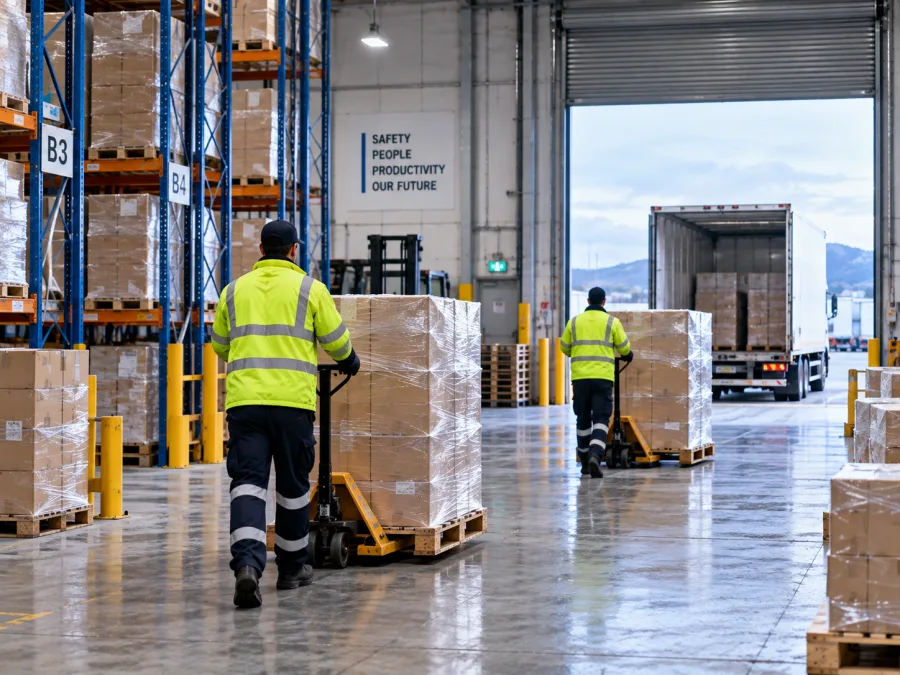 Workers moving pallets inside a Melbourne distribution centre