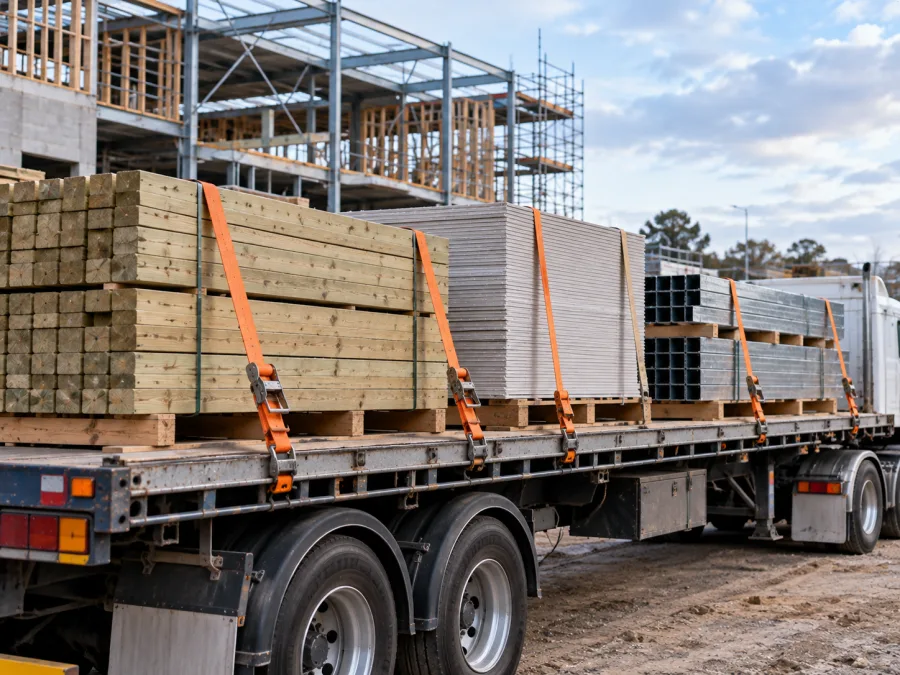 Timber and plasterboard on a trailer at a construction site
