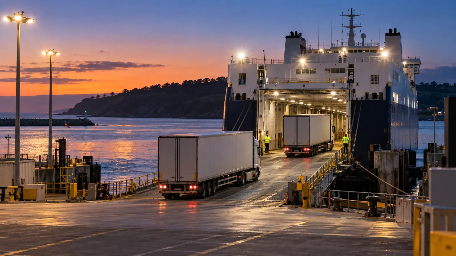 Trailers loading onto an unmarked vehicle ferry at dusk at the Devonport terminal