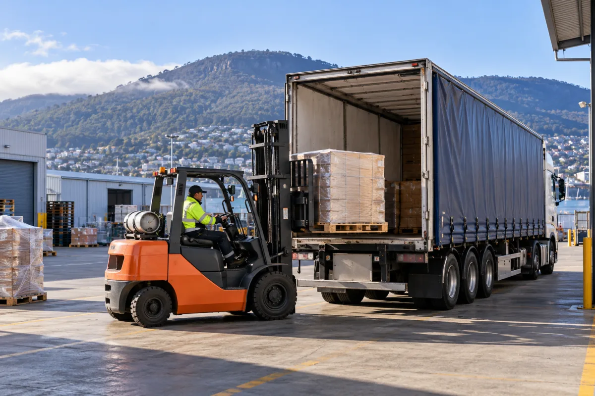 Forklift loading a trailer at a Derwent Park depot for the mainland crossing