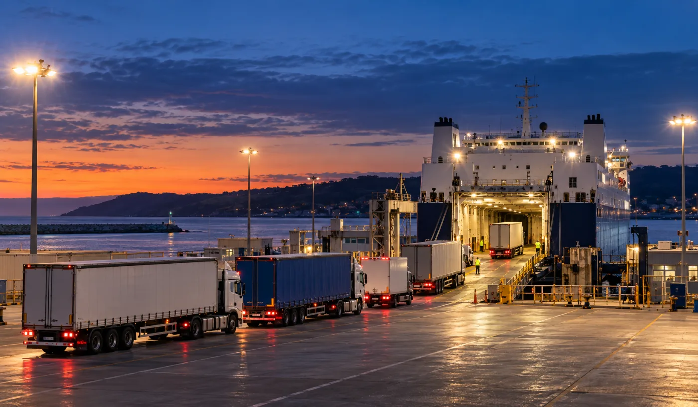 Trucks waiting to board an unmarked vehicle ferry at dusk on the Tasmanian side
