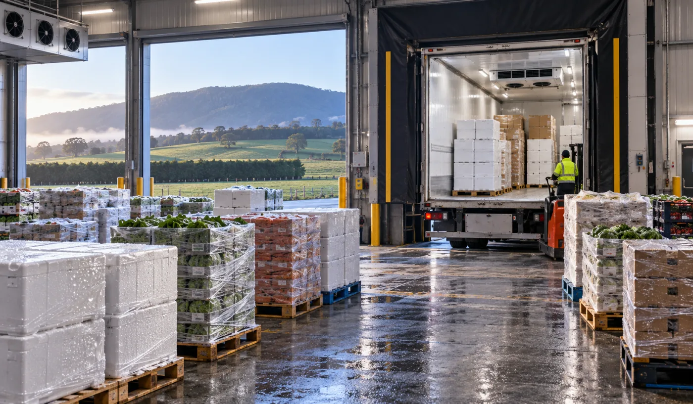 Insulated produce cartons staged on a refrigerated dock in Tasmania