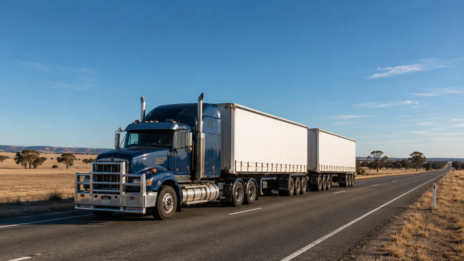 B-double semi-trailer on a rural highway through the Wimmera heading toward South Australia