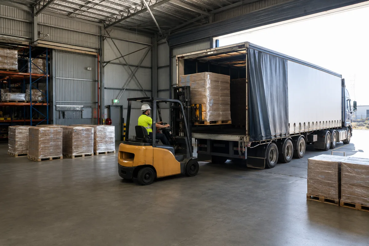 Forklift loading a wrapped pallet into a curtain-sided trailer at a Melbourne warehouse dock