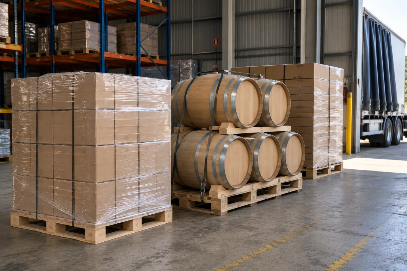Oak barrels and wine cartons palletised and ready for loading
