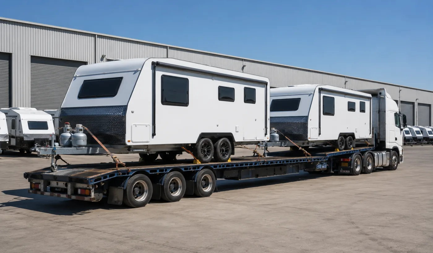 New caravans loaded on a drop-deck trailer for delivery to South Australia