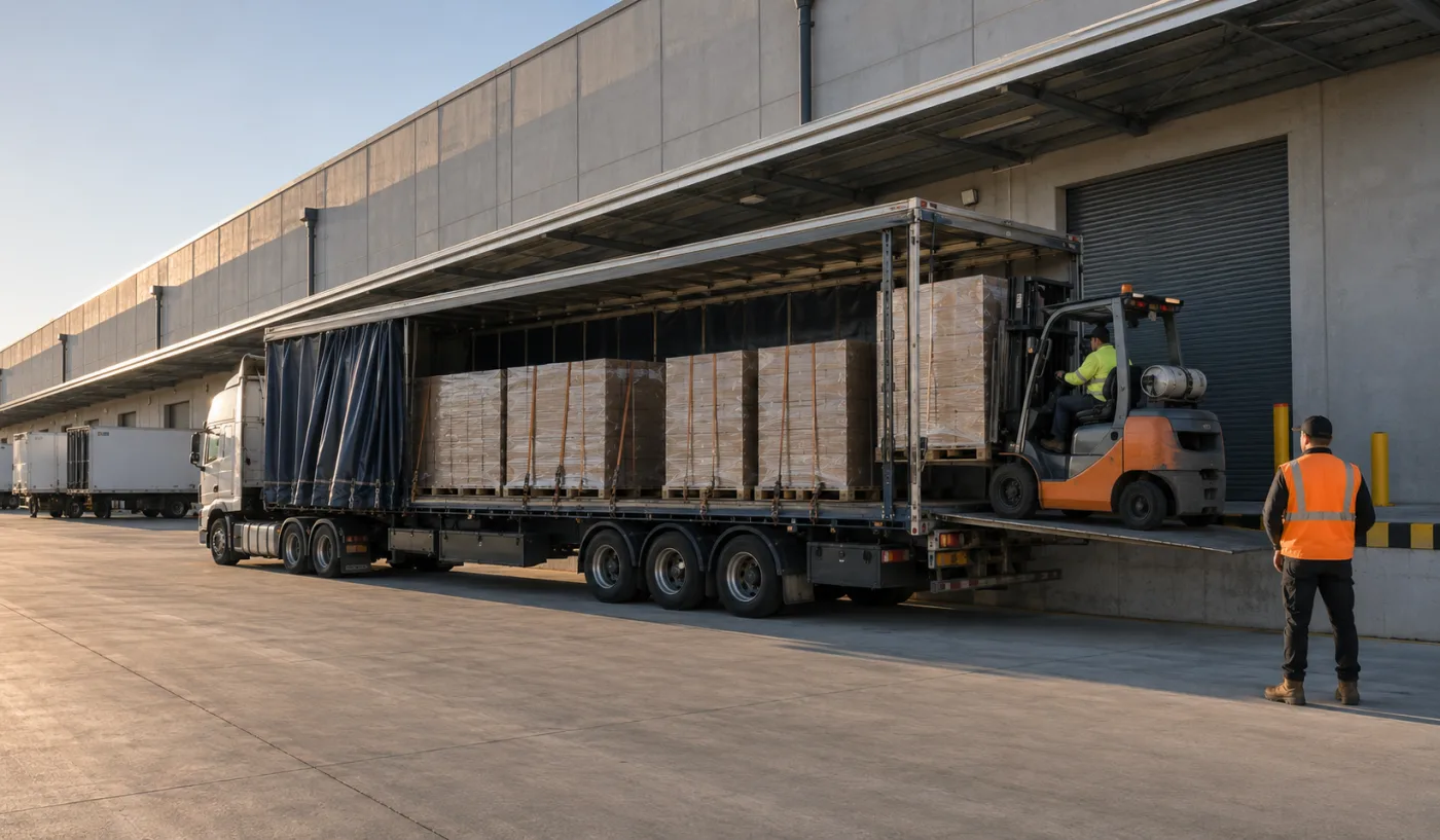 Curtain-sided trailer being unloaded at an Adelaide distribution centre in early morning light