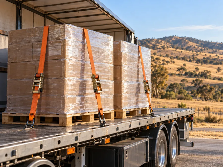 Wrapped pallets on a trailer with golden upper Murray hills behind