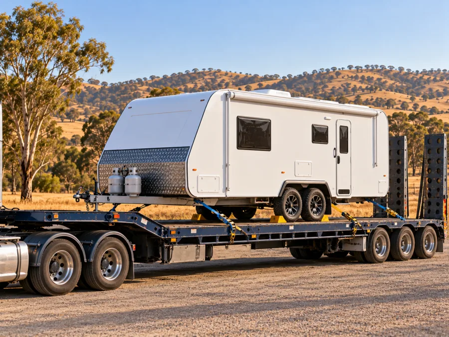 Touring caravan strapped on a drop-deck with the upper Murray behind