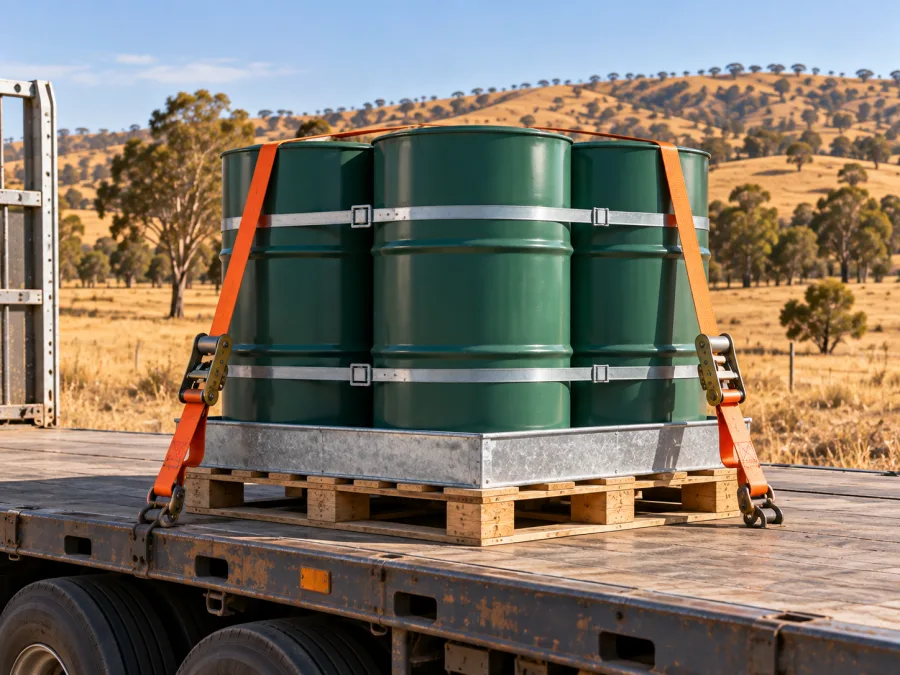 Sealed drums banded on a pallet and strapped to a trailer deck