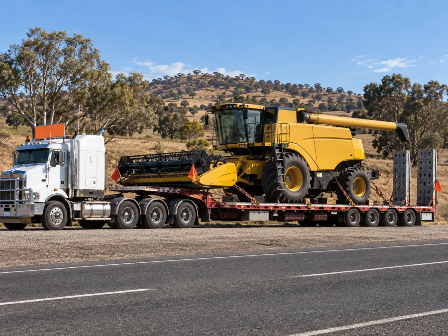 Oversize machine on a low-loader beside the Hume near Albury