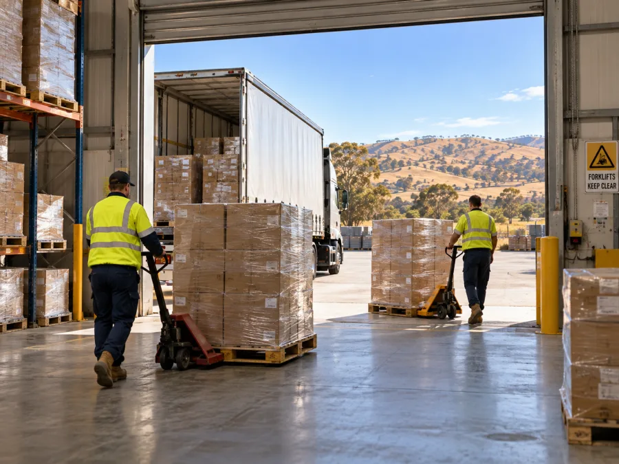 Workers moving pallets at an Albury distribution dock