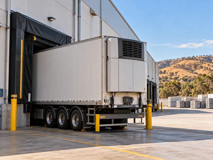Refrigerated trailer sealed into a chilled dock at an Albury warehouse