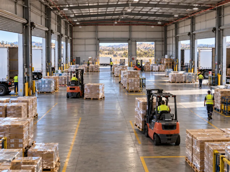 Pallets moving across a regional cross-dock warehouse floor in Wodonga