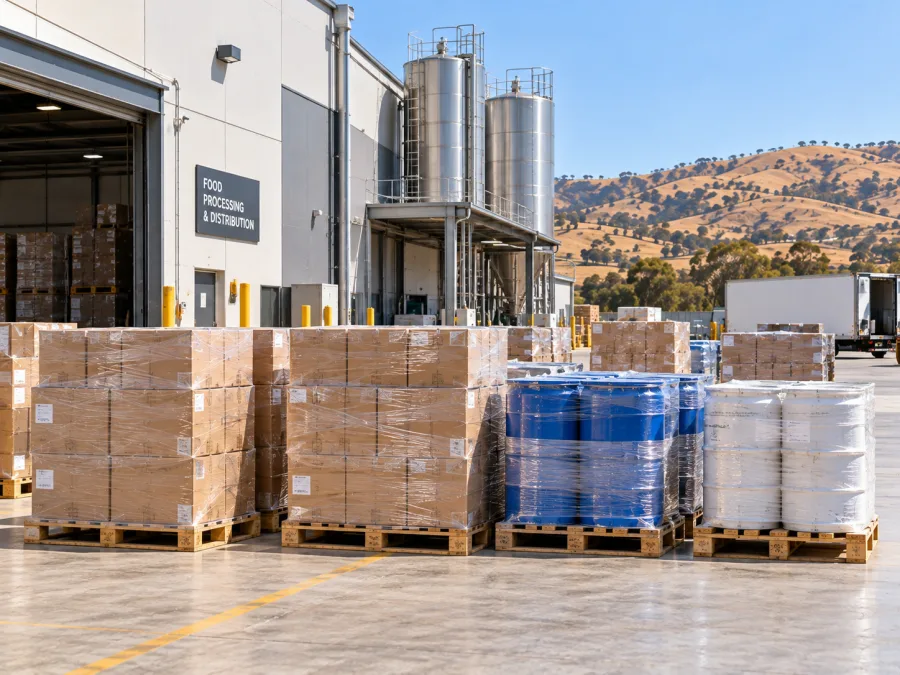 Packaging and ingredients staged at a regional food processing facility
