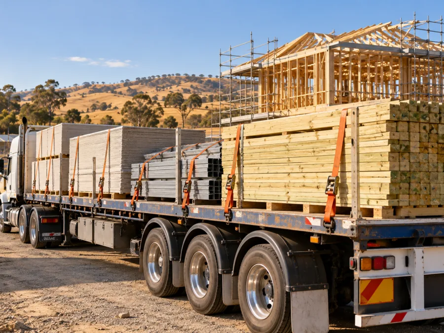 Timber and cladding on a trailer at an Albury building site