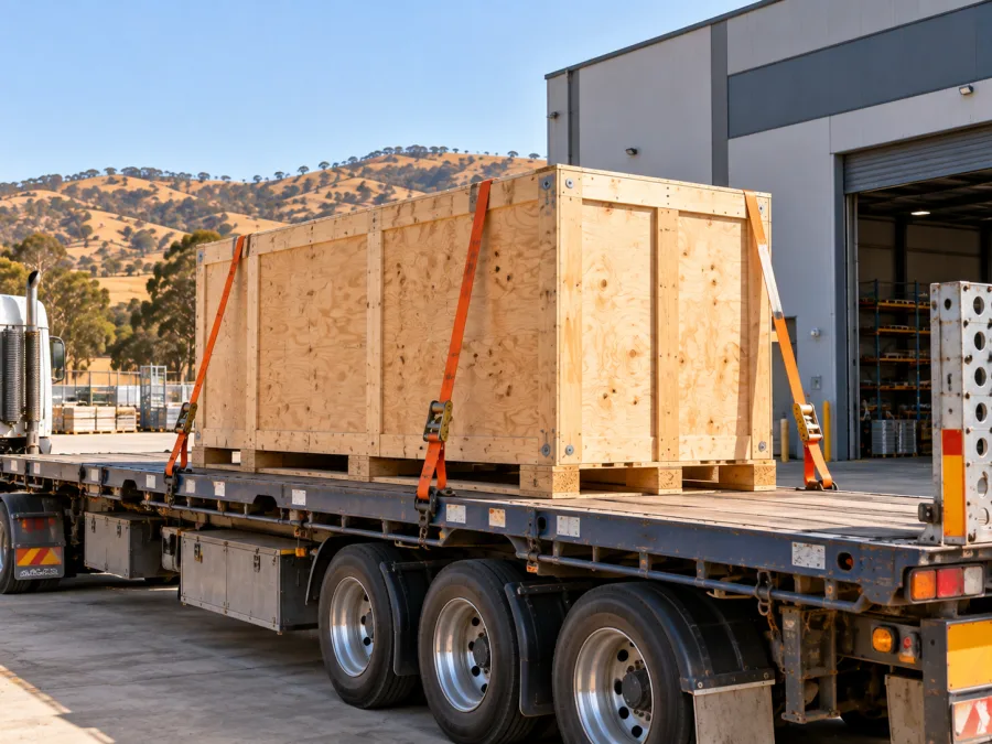 Timber-crated machine strapped on a trailer at a Wodonga industrial site