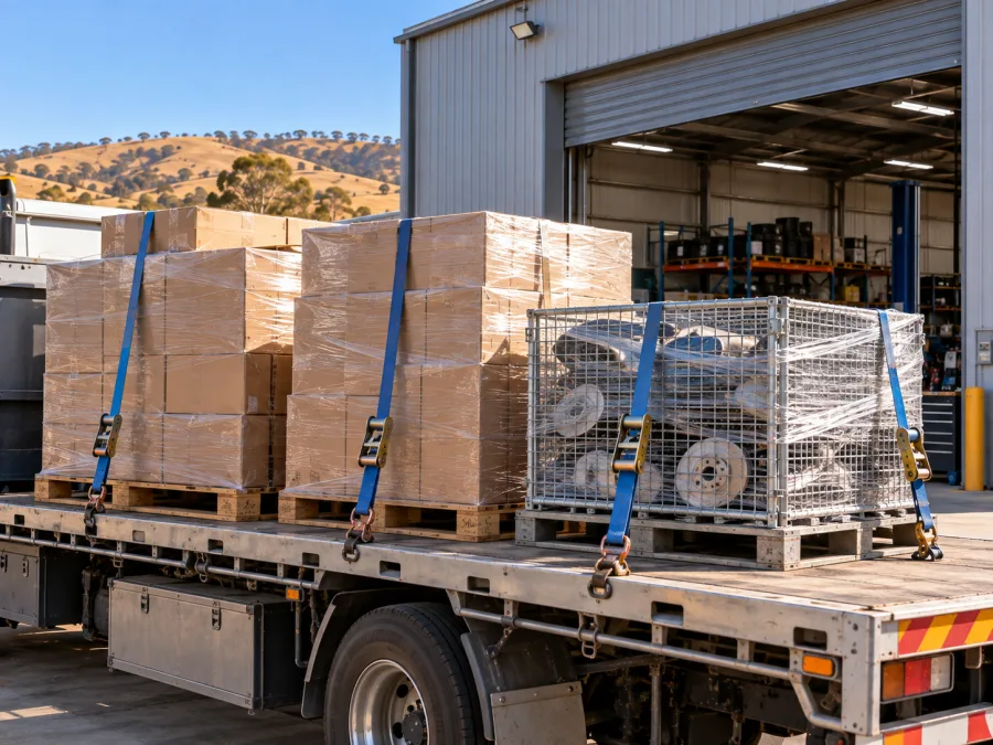 Palletised automotive parts and a steel cage strapped on a truck deck