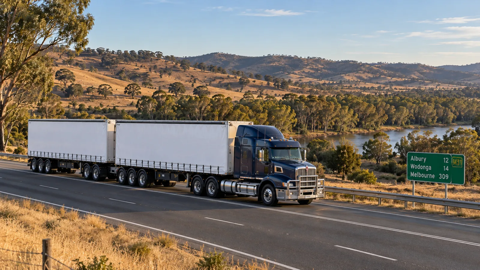 B-double on the Hume through golden rolling hills approaching Albury