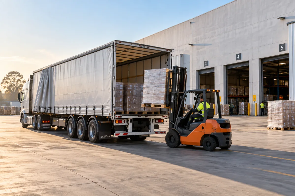 Forklift loading a trailer at a Western Sydney depot for the Albury run