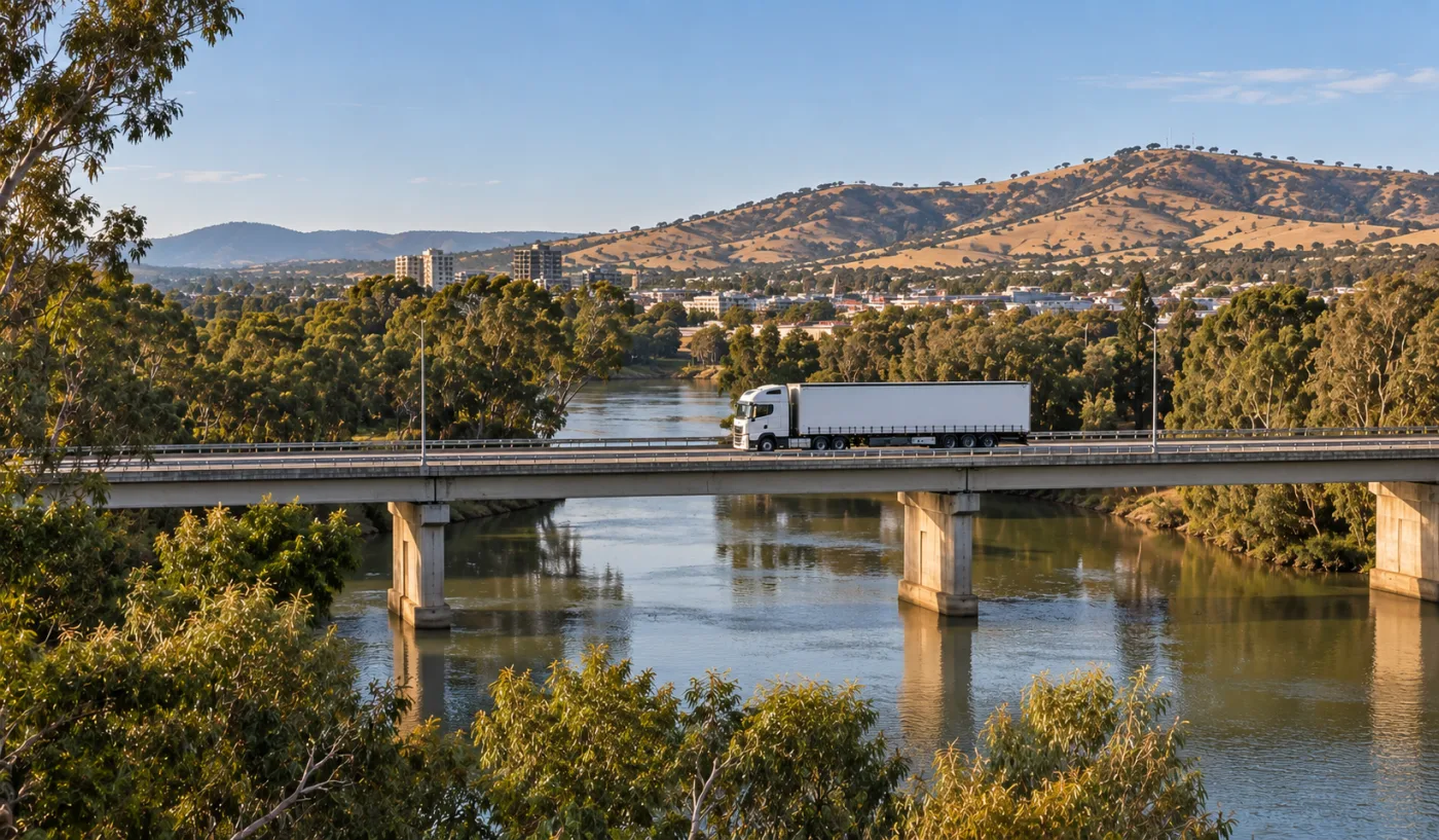 Semi-trailer crossing a bridge over the Murray River between Albury and Wodonga