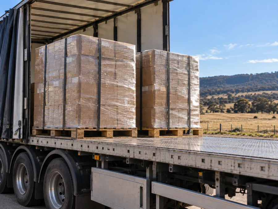 Wrapped pallets on a trailer with Central Tablelands country behind