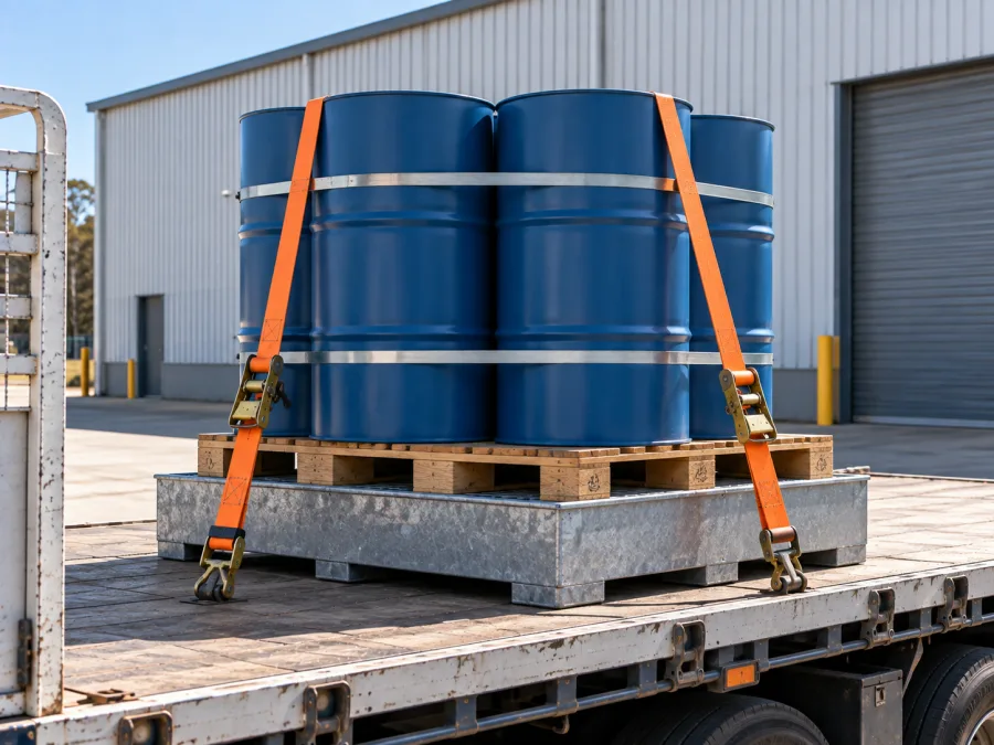 Sealed drums banded on a pallet and strapped to a trailer deck
