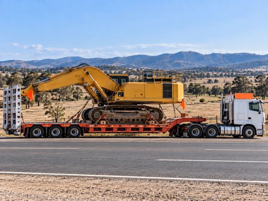 Oversize machine on a low-loader on the Central Tablelands with the mountains behind