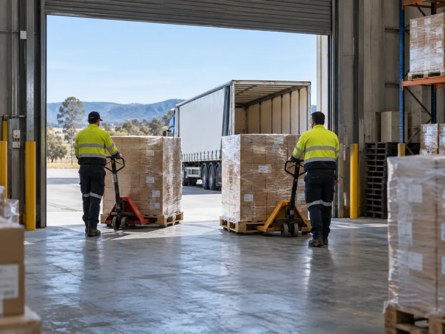 Workers moving pallets at a Bathurst distribution dock