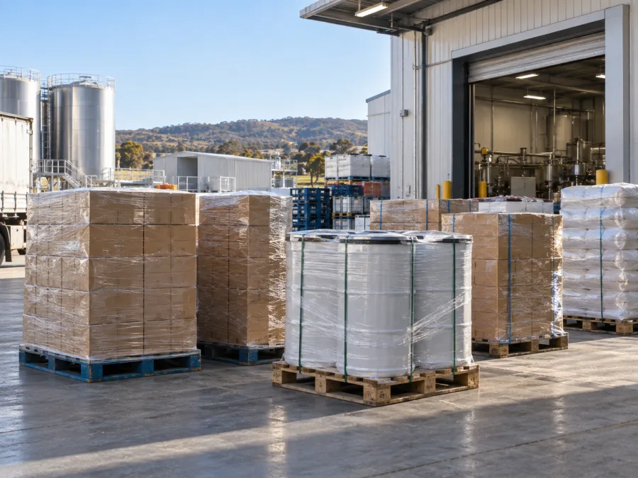 Packaging and ingredients staged at a Bathurst food processing facility