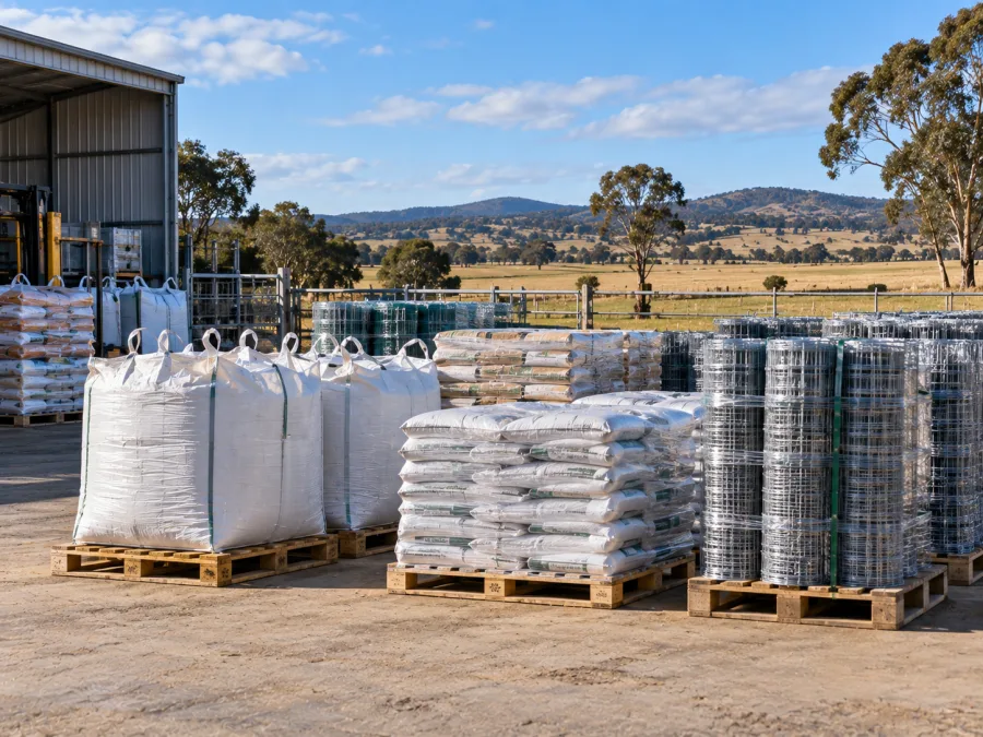 Palletised agricultural inputs staged for the Central Tablelands