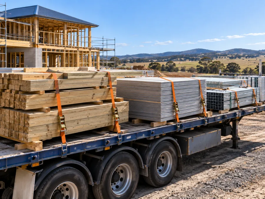 Timber and cladding on a trailer at a Bathurst building site