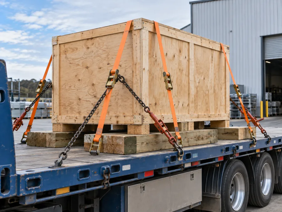 Timber-crated machine chained and strapped on a trailer at a Bathurst site