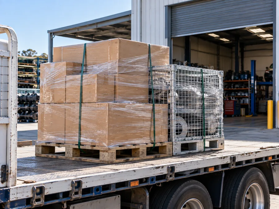 Palletised automotive parts and a steel cage strapped on a truck deck