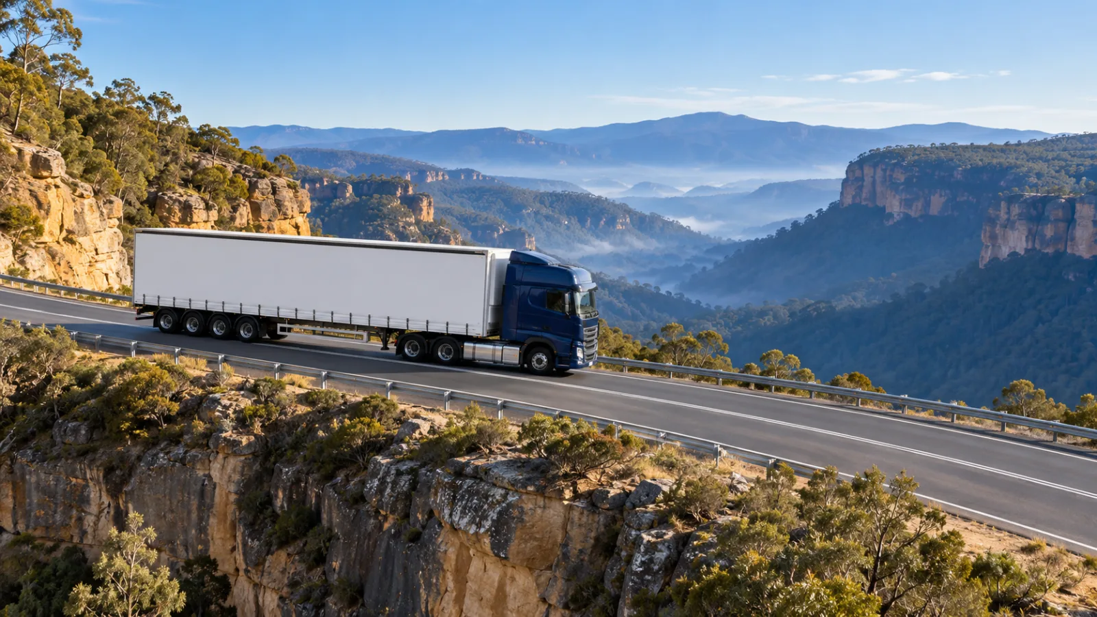 Semi-trailer on the Great Western Highway above a hazy Blue Mountains valley