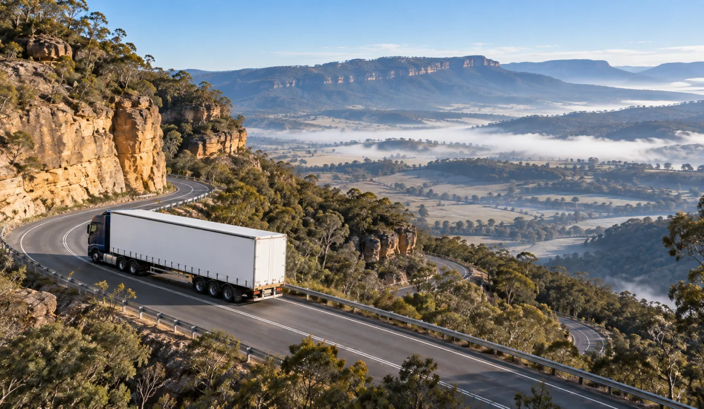 Semi-trailer descending a steep winding highway down the western Blue Mountains