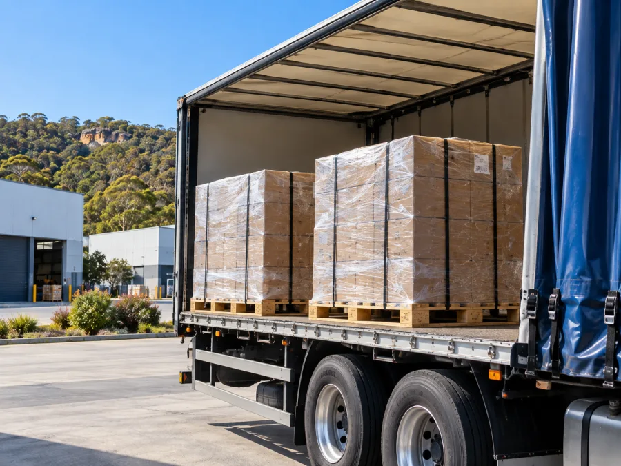 Wrapped pallets on a trailer at a Central Coast industrial estate