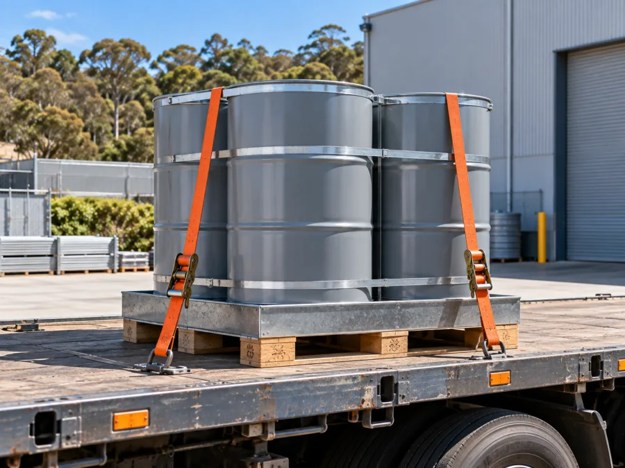 Sealed drums banded on a pallet and strapped to a trailer deck