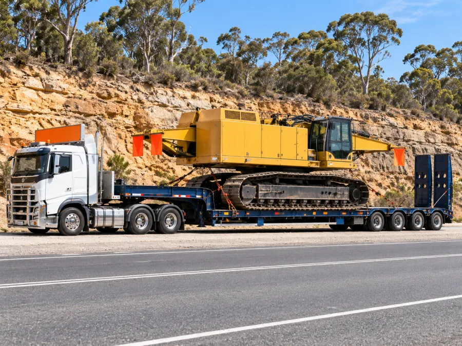 Oversize machine on a low-loader beside a sandstone cutting north of Sydney