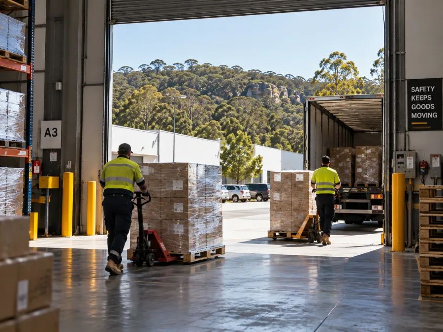 Workers moving pallets at a Tuggerah distribution dock