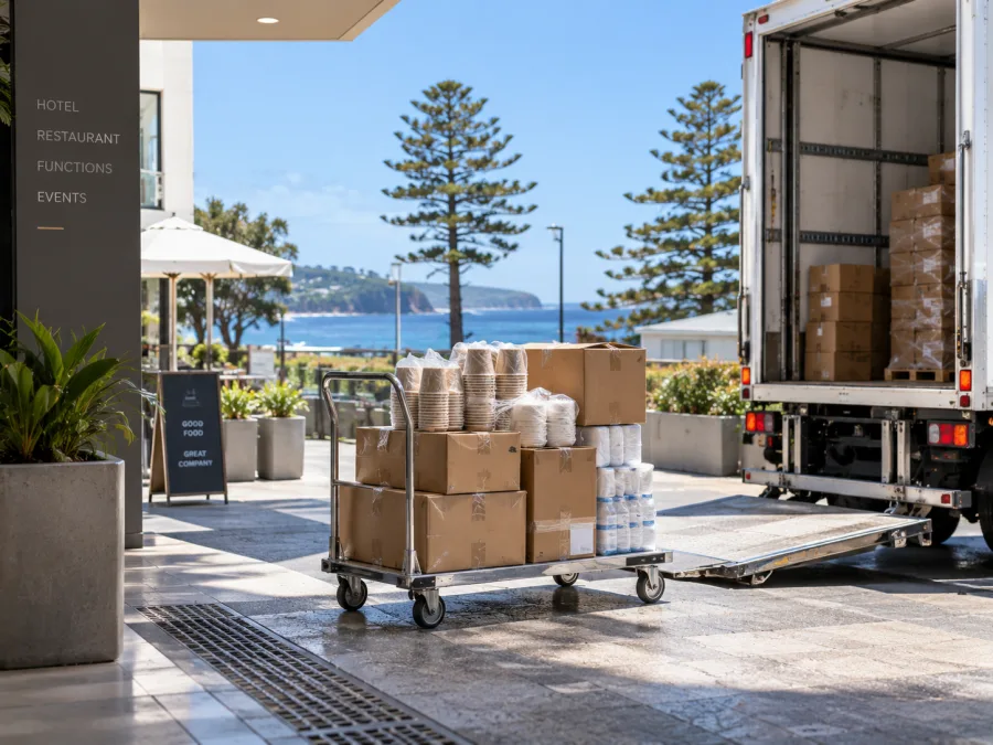 Hospitality supplies unloaded at a coastal venue service entrance