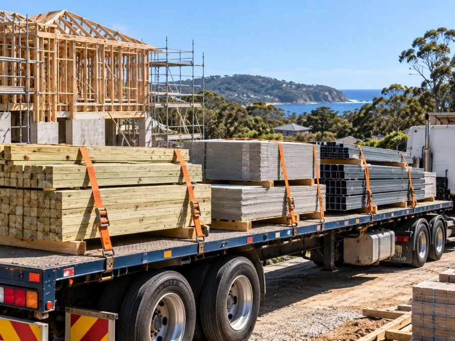 Timber and cladding on a trailer at a Central Coast building site
