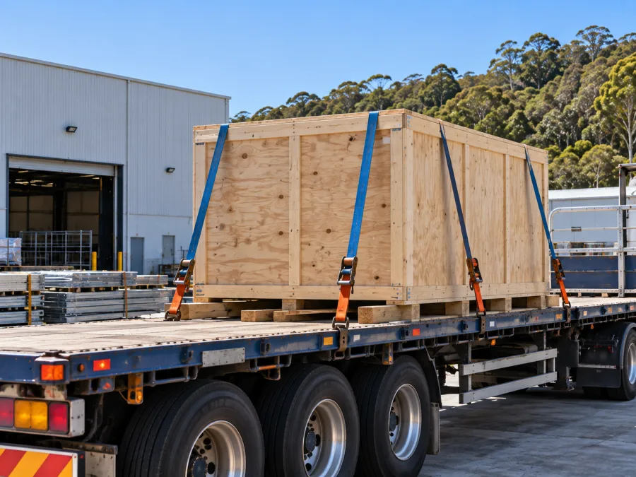 Timber-crated machine strapped on a trailer at a Central Coast industrial site