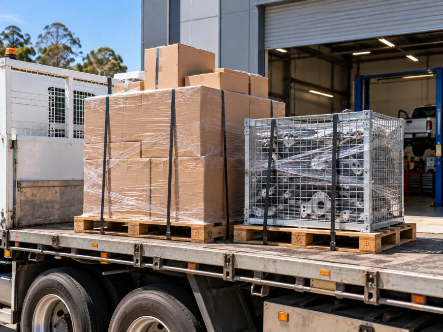 Palletised automotive parts and a steel cage strapped on a truck deck