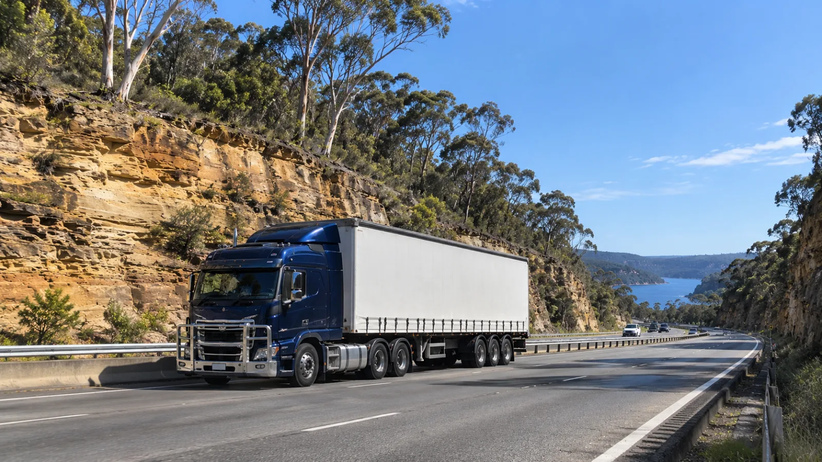 Semi-trailer on the M1 through a sandstone cutting north of Sydney